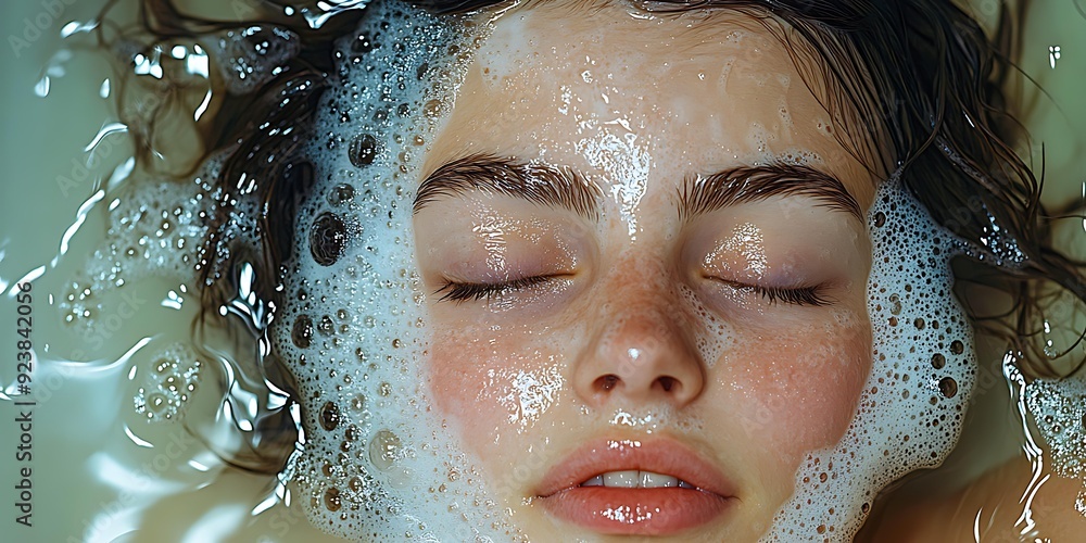 Close-up of a serene woman's face partially submerged in water and covered with soap bubbles, conveying a sense of relaxation and self-care ideal for use in wellness, beauty, and skincare promotions, Close-up of a serene woman's face partially submerged in water and covered with soap bubbles, conveying a sense of relaxation and self-care ideal for use in wellness, beauty, and skincare promotions,