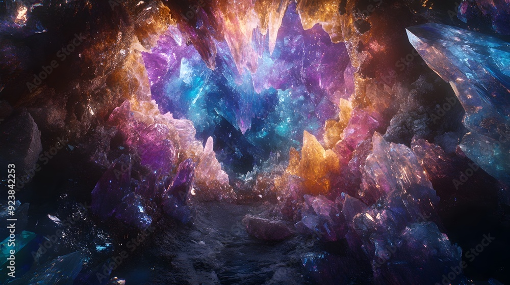 Dazzling Geode Crystalline Interior with Vibrant Rainbow Geometric Patterns Dazzling Geode Crystalline Interior with Vibrant Rainbow Geometric Patterns