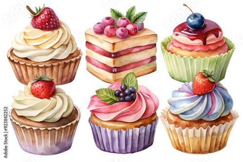 Set of drawings of cupcakes with various types of toppings from fruits, candy and sweets. Colored in pastel colors. Looks delicious and interesting 