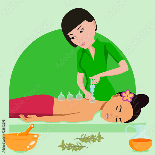 Cup massage. Treatments by professional therapist in spa. Vacuum therapy. Isolated flat vector illustration. Asian and Eastern ethnicity.