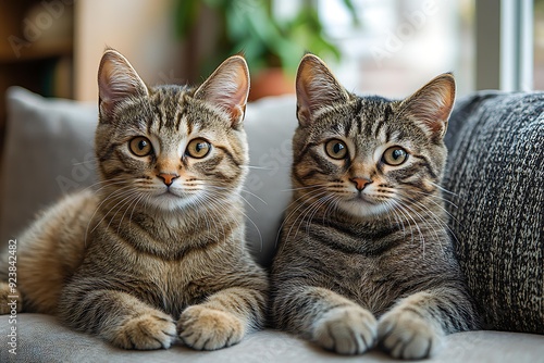 Two adorable tabby kittens lie close together on a cozy couch, looking directly at the camera with curious expressions, perfect for pet-related content or animal care advertisements,