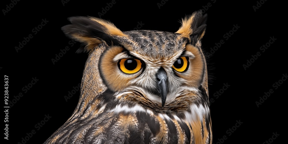 Photo of an eagle owl isolated against a black background, emphasising the eagle owl's majestic features. Wildlife and conservation concept, space for copy. Photo of an eagle owl isolated against a black background, emphasising the eagle owl's majestic features. Wildlife and conservation concept, space for copy.