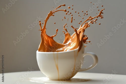 A dynamic splash of coffee captured in mid-air as it erupts from a white cup, highlighting a moment of energetic motion. photo