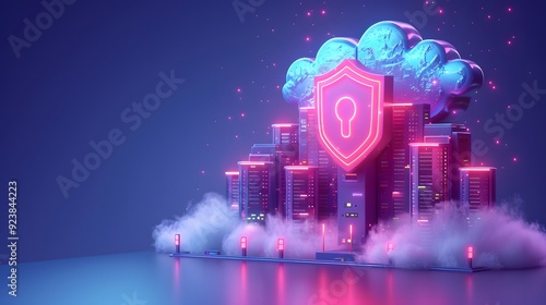 Futuristic digital security concept with neon lights, cloud computing, and data protection symbols. 3D rendering.