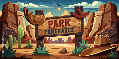 Wild west vector background, western wooden sign board, vintage rustic park entrance, fence, cactus. Game nature Mexican landscape, dry canyon rock, stone, cowboy hat. Wild west environment clipart