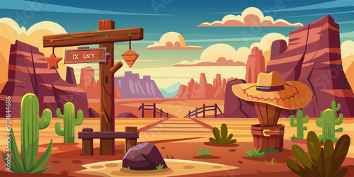 Wild west vector background, western wooden sign board, vintage rustic park entrance, fence, cactus. Game nature Mexican landscape, dry canyon rock, stone, cowboy hat. Wild west environment clipart
