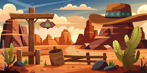 Wild west vector background, western wooden sign board, vintage rustic park entrance, fence, cactus. Game nature Mexican landscape, dry canyon rock, stone, cowboy hat. Wild west environment clipart