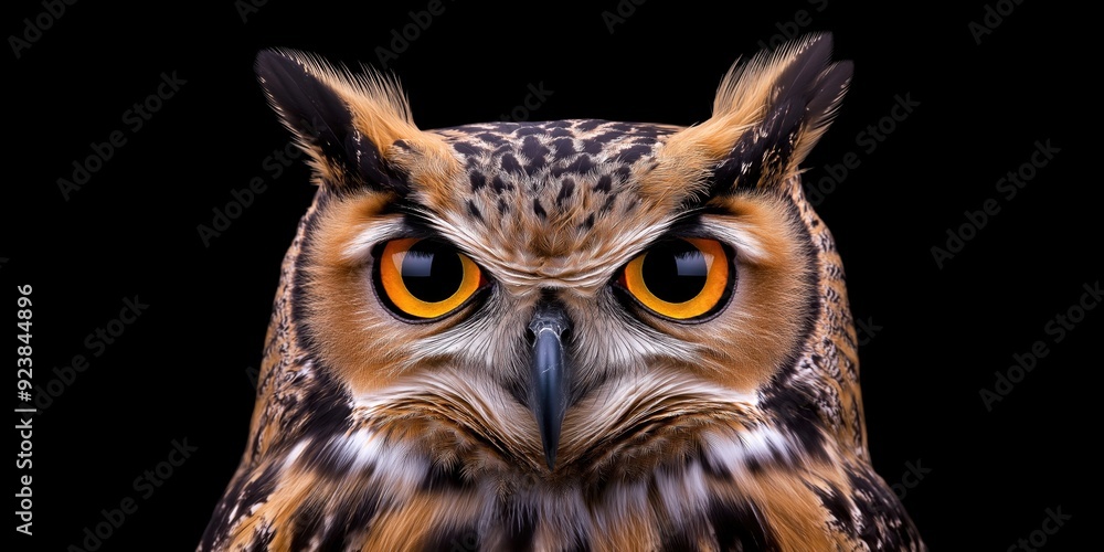 Obraz premium Photo of an eagle owl isolated against a black background, emphasising the eagle owl's majestic features. Wildlife and conservation concept, space for copy.