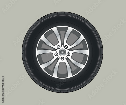 Black tire with steel wheel on white background,