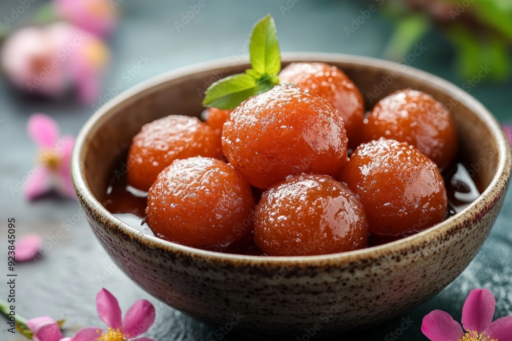 A rustic bowl filled with red, syrup-coated sweets, surrounded by floral accents on a wooden surface, highlighting a mix of tradition and beauty. A rustic bowl filled with red, syrup-coated sweets, surrounded by floral accents on a wooden surface, highlighting a mix of tradition and beauty.