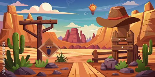 Wild west vector background, western wooden sign board, vintage rustic park entrance, fence, cactus. Game nature Mexican landscape, dry canyon rock, stone, cowboy hat. Wild west environment clipart