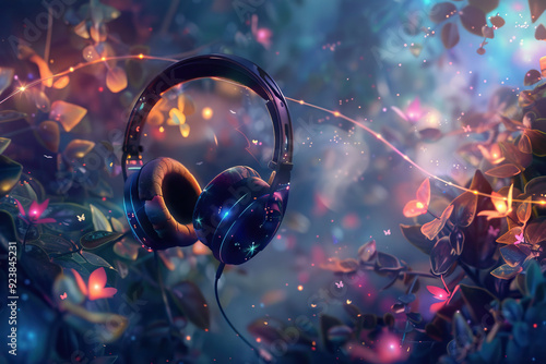 Enchanting scene of headphones floating in a magical, glowing garden filled with vibrant flowers and twinkling lights, representing the immersive experience of music in a fantasy setting. photo