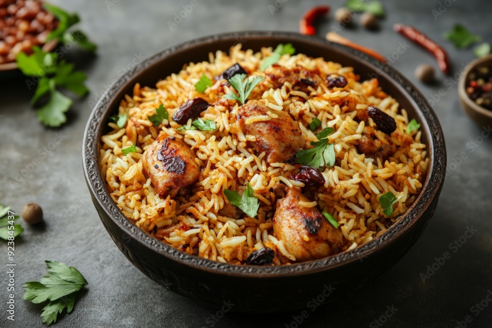 A flavorful bowl of biryani topped with succulent grilled chicken pieces, garnished with fresh herbs, offering a vibrant and appetizing presentation. A flavorful bowl of biryani topped with succulent grilled chicken pieces, garnished with fresh herbs, offering a vibrant and appetizing presentation.