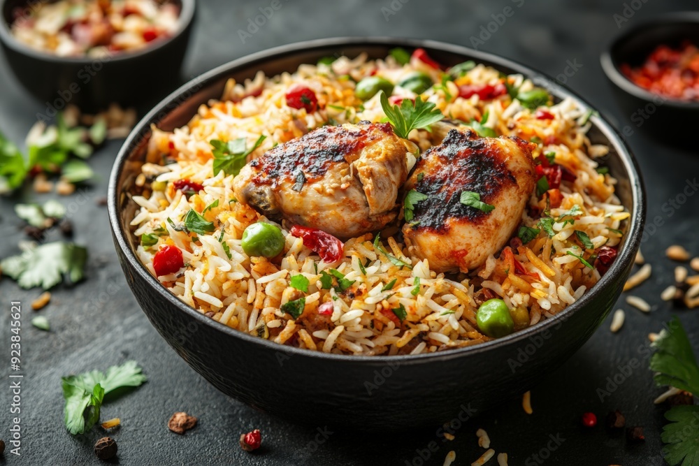 A flavorful bowl of biryani topped with succulent grilled chicken pieces, garnished with fresh herbs, offering a vibrant and appetizing presentation. A flavorful bowl of biryani topped with succulent grilled chicken pieces, garnished with fresh herbs, offering a vibrant and appetizing presentation.