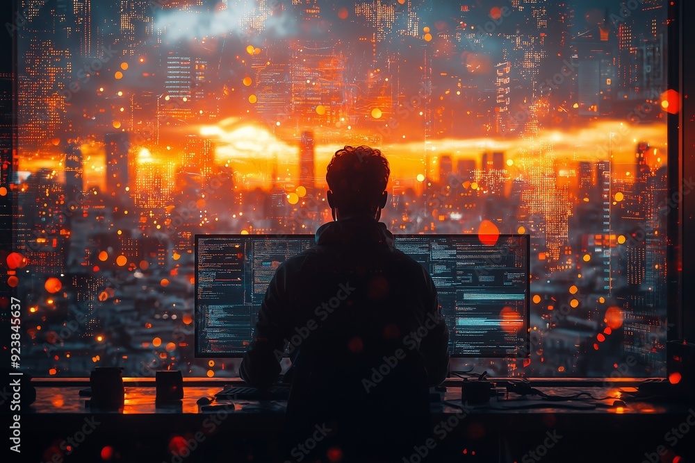 Silhouette of a programmer working at a computer with a vibrant, glowing cityscape in the background. Silhouette of a programmer working at a computer with a vibrant, glowing cityscape in the background.