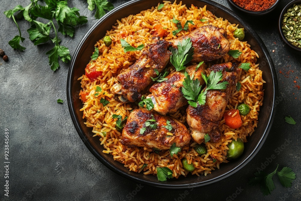A flavorful bowl of biryani topped with succulent grilled chicken pieces, garnished with fresh herbs, offering a vibrant and appetizing presentation. A flavorful bowl of biryani topped with succulent grilled chicken pieces, garnished with fresh herbs, offering a vibrant and appetizing presentation.