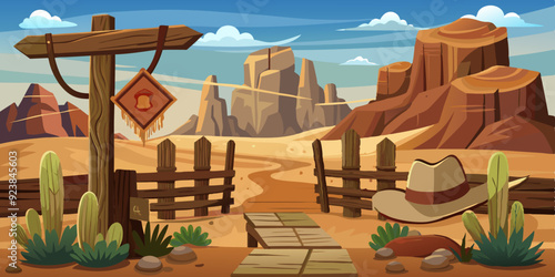 Wild west vector background, western wooden sign board, vintage rustic park entrance, fence, cactus. Game nature Mexican landscape, dry canyon rock, stone, cowboy hat. Wild west environment clipart