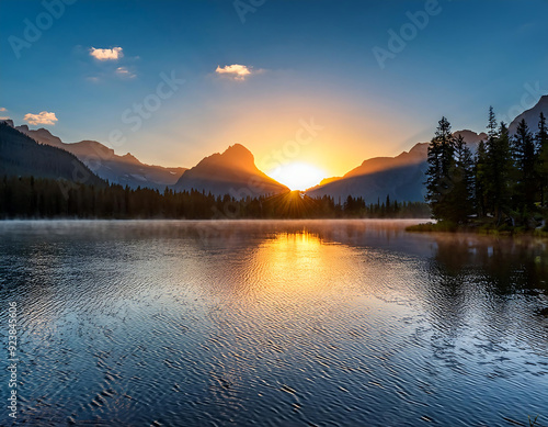  Sunrise Over the Lake and Mountains- A serene image of a sunrise over a tranquil lake, with_1(666)