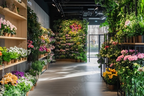 Fototapeta Naklejka Na Ścianę i Meble -  A vibrant flower shop filled with colorful flowers and lush green plants, arranged beautifully along the walls and shelves.