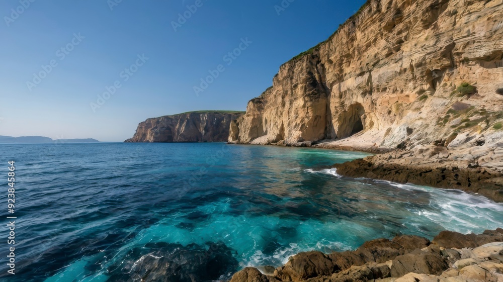 Blue sea and cliffs, wide-angle view Blue sea and cliffs, wide-angle view