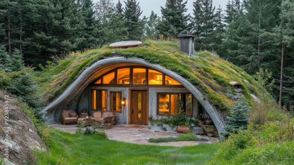 A modern, earthen home nestled within a lush green forest, illuminated by warm interior lights. A modern, earthen home nestled within a lush green forest, illuminated by warm interior lights.