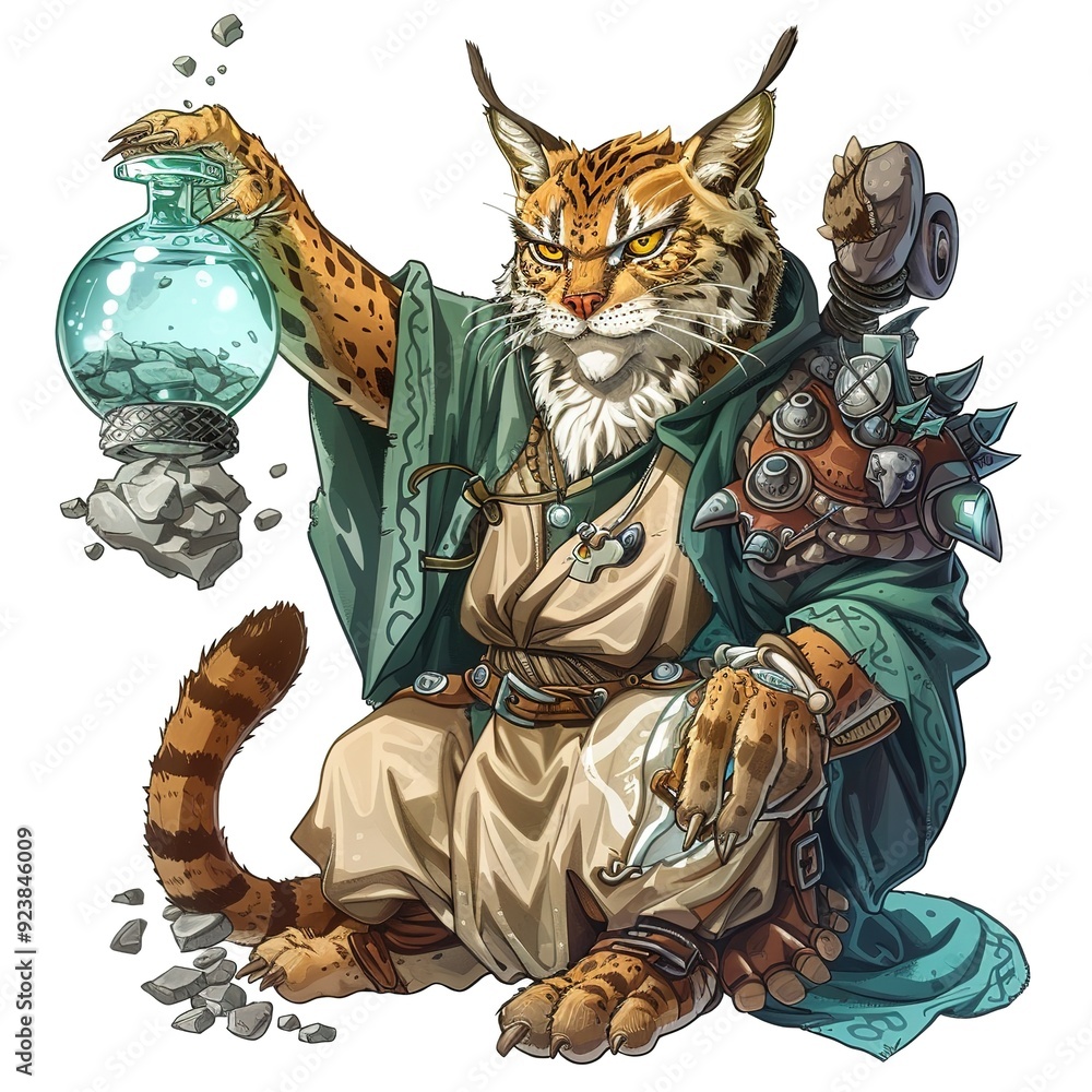 Fototapeta premium Bobcat Alchemist Occupation fantasy animal cartoon isolated whitebackground