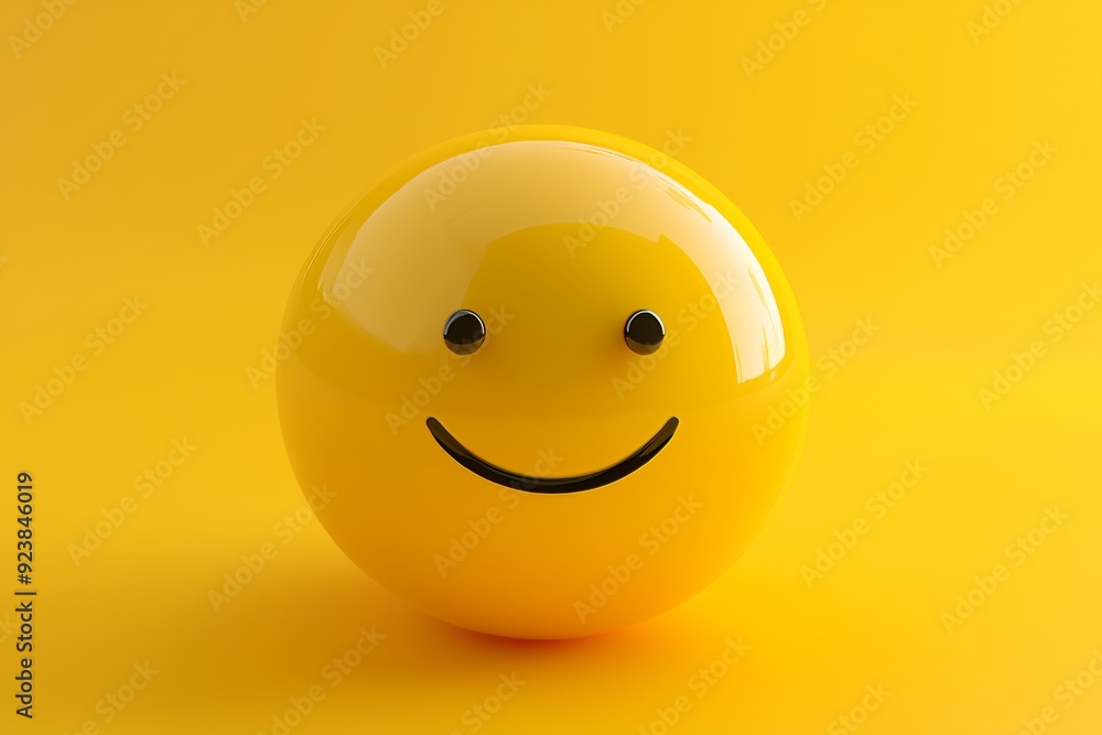 Fototapeta premium A bright yellow 3D smiling face ball against a matching yellow background, radiating positivity and happiness.