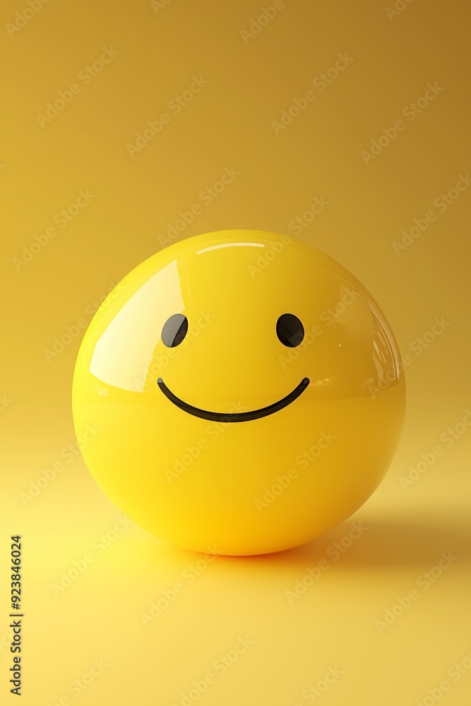 Glossy yellow ball with a smiling face emoji set against a matching yellow background, symbolizing happiness and positivity. Glossy yellow ball with a smiling face emoji set against a matching yellow background, symbolizing happiness and positivity.