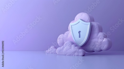 Secure cloud data concept with a protective shield icon on a purple cloud background for cybersecurity and data protection themes.