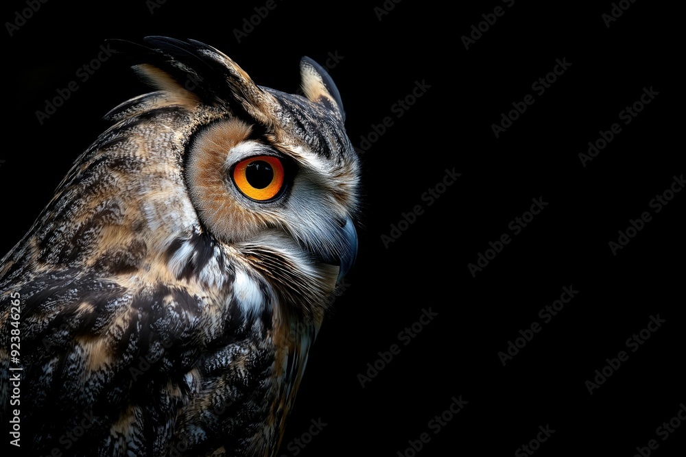 Photo of an eagle owl isolated against a black background, emphasising the eagle owl's majestic features. Wildlife and conservation concept, space for copy. Photo of an eagle owl isolated against a black background, emphasising the eagle owl's majestic features. Wildlife and conservation concept, space for copy.