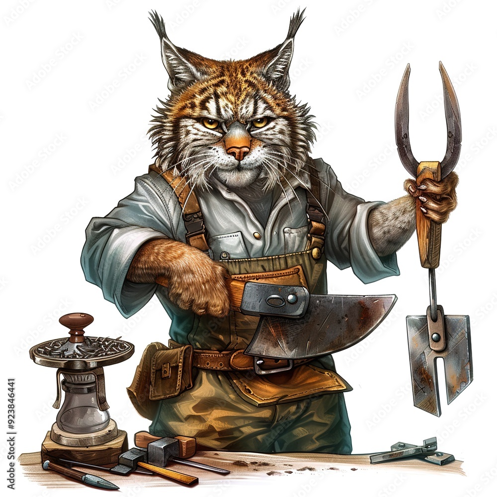 Fototapeta premium Bobcat Blacksmith Occupation fantasy animal cartoon isolated whitebackground