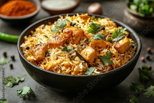 A delicious bowl of chicken biryani topped with fresh herbs and a dollop of creamy yogurt, showcasing vibrant colors and rich flavors.