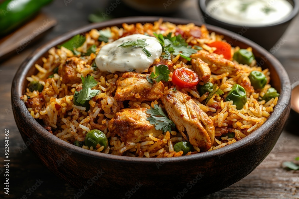 A delicious bowl of chicken biryani topped with fresh herbs and a dollop of creamy yogurt, showcasing vibrant colors and rich flavors. A delicious bowl of chicken biryani topped with fresh herbs and a dollop of creamy yogurt, showcasing vibrant colors and rich flavors.