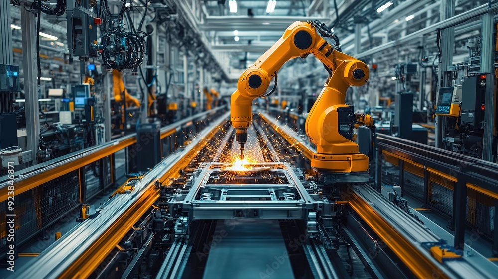 Modern automobile production line, body frame, robot arm in welding Modern automobile production line, body frame, robot arm in welding