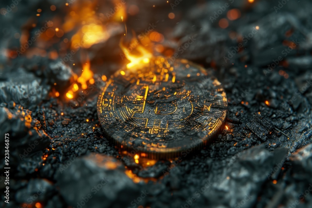 Bitcoin Coin Amidst Burning Embers Bitcoin Coin Amidst Burning Embers