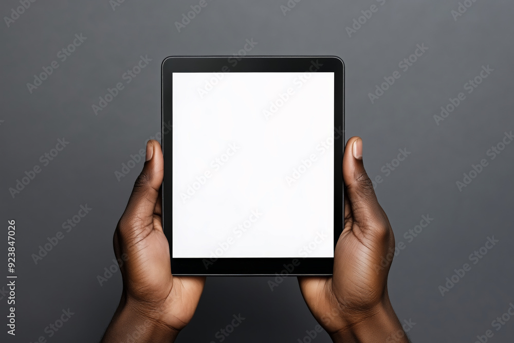 Digital tablet with empty white screen in hands of black person on gray background. Digital tablet with empty white screen in hands of black person on gray background.
