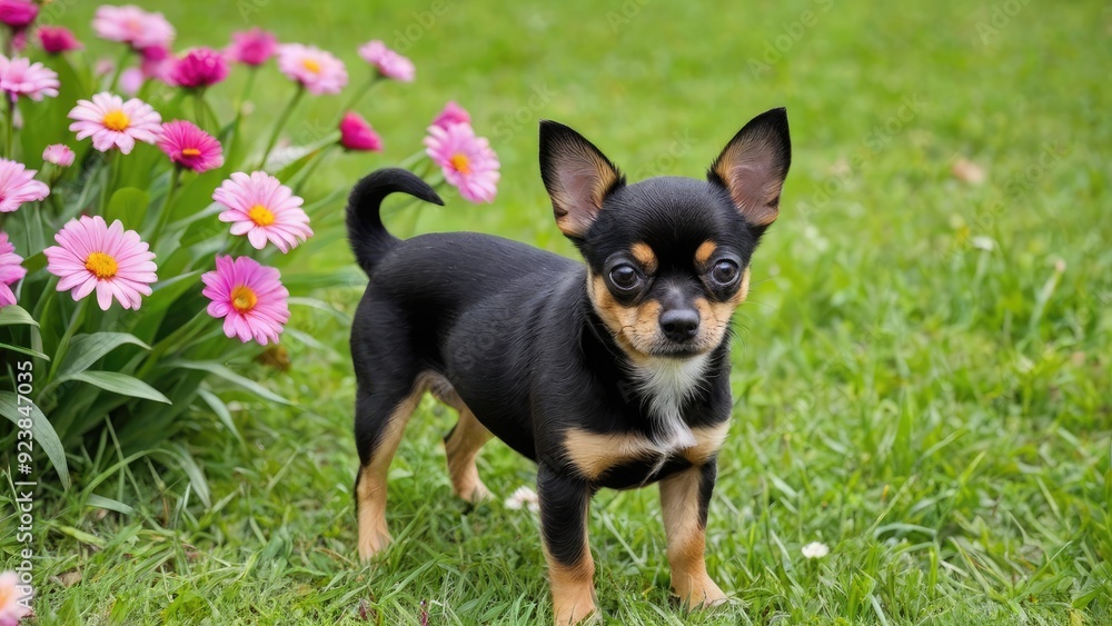 Black and tan smooth coat chihuahua dog in flower field Black and tan smooth coat chihuahua dog in flower field