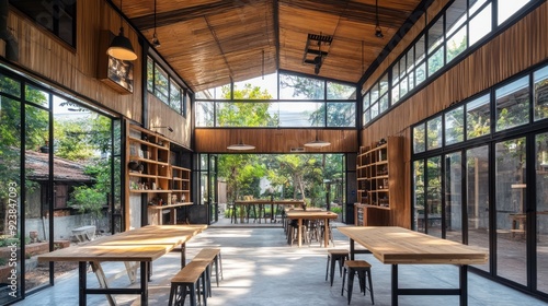 Modern restaurant interior with wooden tables, black chairs, and large windows overlooking a green garden.