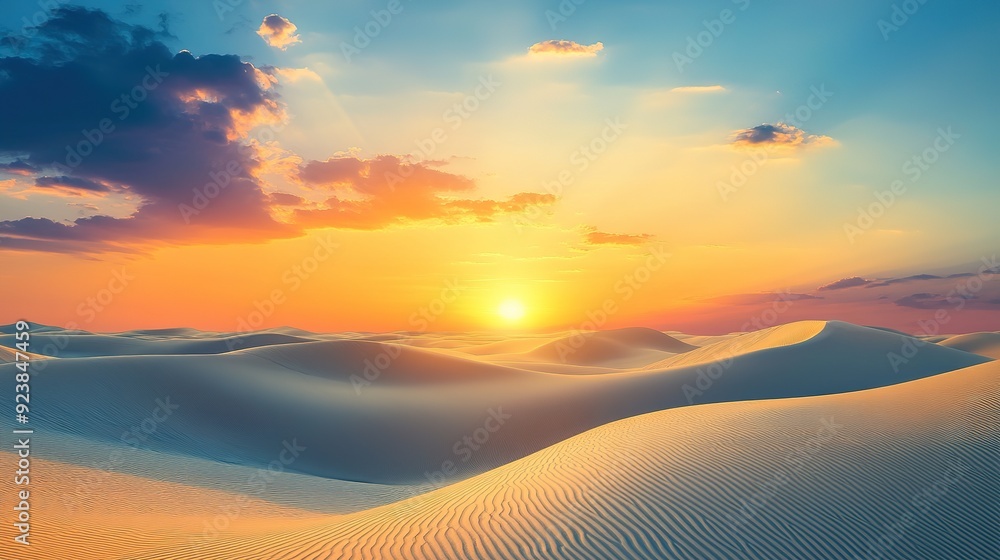 Nature landscape with a vast desert showcasing rolling dunes and a brilliant sunset, Nature landscape with a vast desert showcasing rolling dunes and a brilliant sunset,