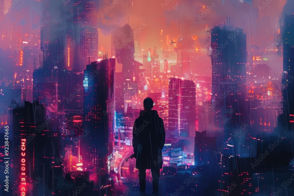 Fototapeta premium A lone figure standing on a rooftop overlooking a futuristic cityscape at night