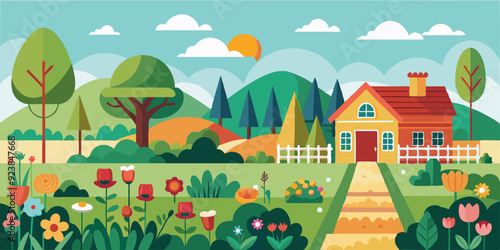 Horizontal spring landscape with fence, tulips, roses, blooming trees and bushes, hills, birds and house. Rural illustration with summer garden in cartoon flat style for banners, backgrounds, advertis