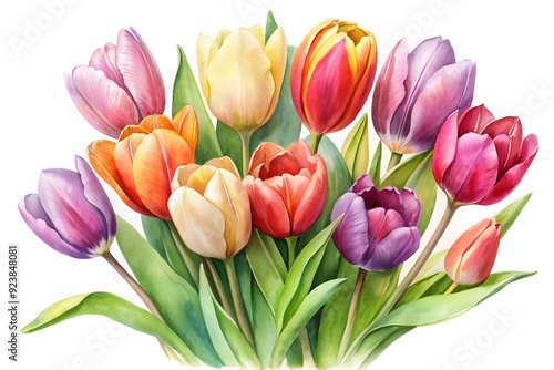 A bouquet of colorful tulips watercolor painting. 