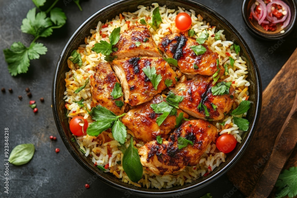 Fototapeta premium A beautifully presented chicken biryani, topped with roasted chicken drumsticks, vibrant cherry tomatoes, and fresh cilantro, served with lemon wedges on the side.