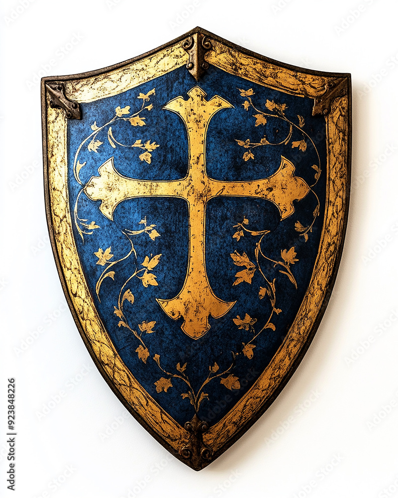 A medieval hand-painted kite shield showing an abstract heraldic Christian cross in blue with golden ornament A medieval hand-painted kite shield showing an abstract heraldic Christian cross in blue with golden ornament