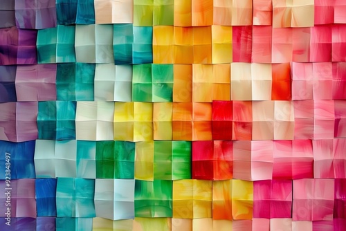 Vibrant rainbow-colored background made of paper squares, creating an abstract and colorful pattern