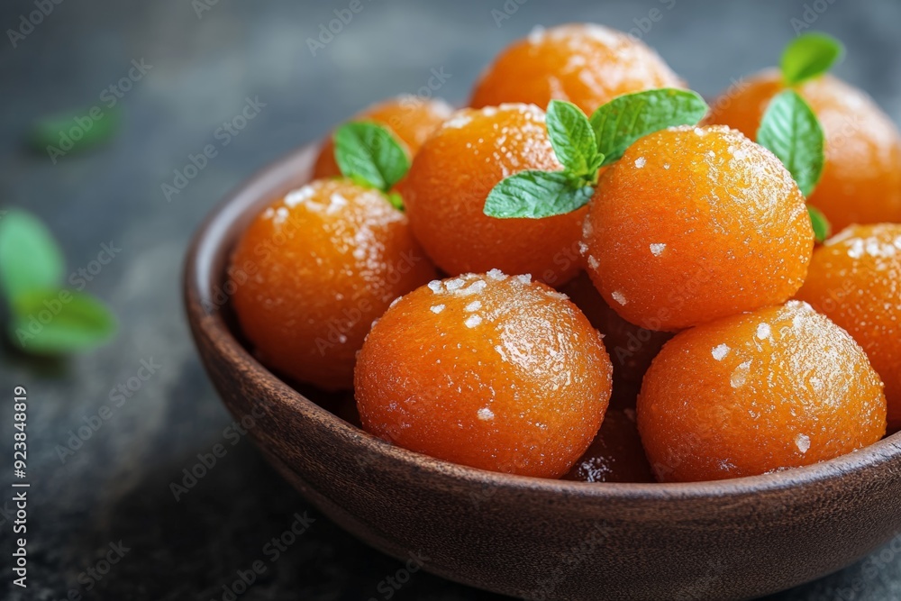 A bowl of perfectly round gulab jamun, soaked in sweet syrup, garnished with a mint leaf, epitomizing the richness of Indian desserts. A bowl of perfectly round gulab jamun, soaked in sweet syrup, garnished with a mint leaf, epitomizing the richness of Indian desserts.
