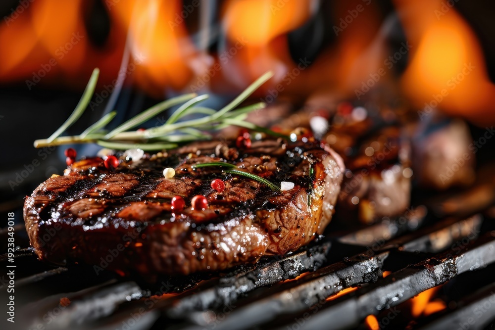 Close-up of a perfectly cooked steak on a hot grill with rosemary and peppercorns