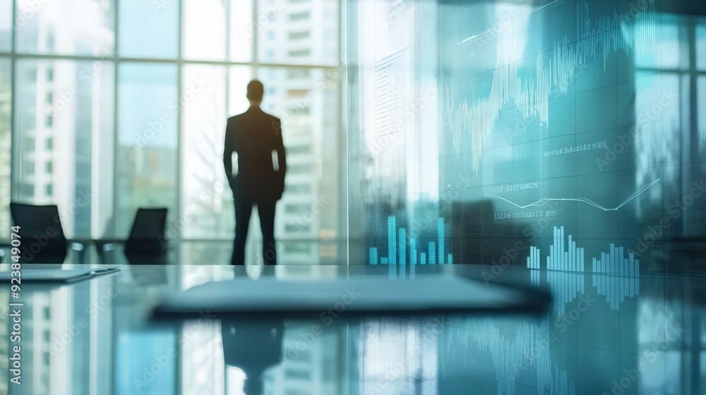A man stands in front of a computer monitor with a graph on it A man stands in front of a computer monitor with a graph on it