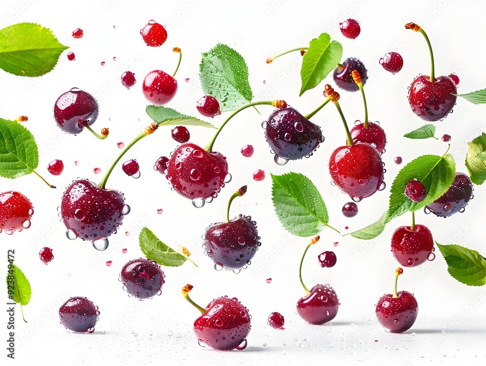 Falling Fresh Raw Red Cherries with Green Leaves and Water Droplets Suspended on White Falling Fresh Raw Red Cherries with Green Leaves and Water Droplets Suspended on White