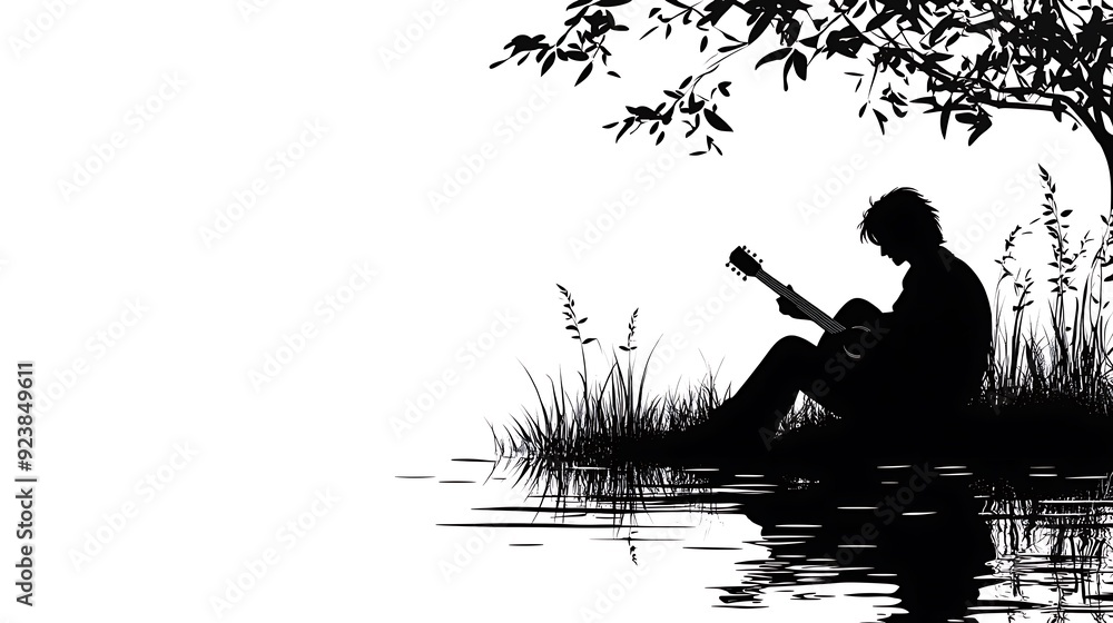 Serene Silhouette of Guitarist by Lake - Vector Illustration with High Contrast Black and White Design Serene Silhouette of Guitarist by Lake - Vector Illustration with High Contrast Black and White Design